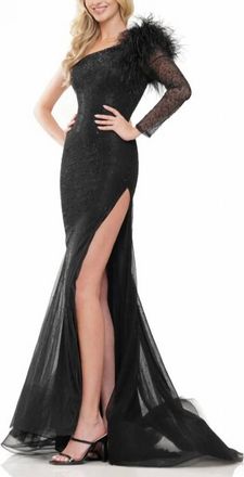 Colors Dress One Shoulder Mesh Long Sleeve And Feathers Mermaid Gown In Black