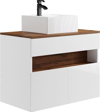 Vente-Unique Mueble de ba&ntilde;o flotante con luces LED y lavabo sobre encimera - Blanco y natural oscuro - Ancho 80 cm - POZEGA