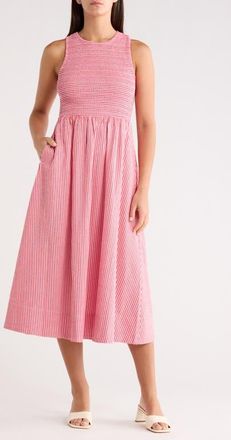 Marine Layer Darcy Stripe Smocked Seersucker Midi Dress in Pink Stripe at Nordstrom, Size X-Small