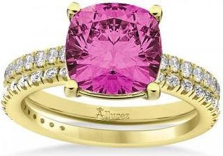 Allurez Pink Tourmaline & Diamond Cushion-Set Semi-Eternity Bridal Set 14K Yellow Gold (3.22ct)