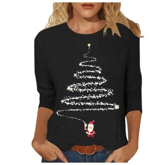 Generic Christmas Jumpers for Women UK 3/4 Sleeve Xmas Tree Printed Sweatshirt Casual Crewneck Pullover Loose Christmas Blouse Tunic T Shirt Ladies xmas Sweat