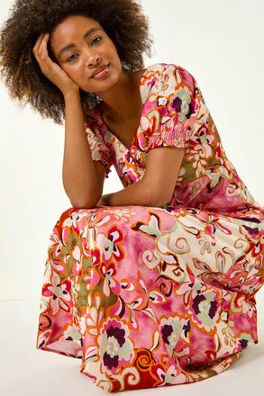 Roman Floral Print Tie Front Midi Dress