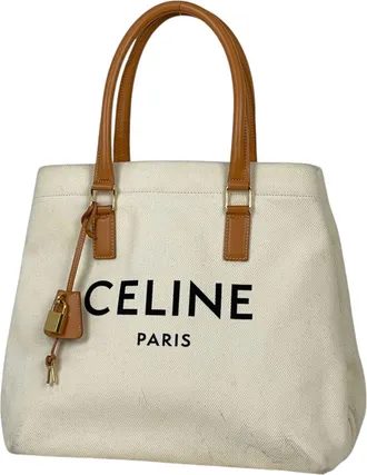 Celine Brown Ivory Canvas Leather Tote Bag (Pre-Owned)