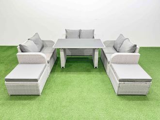 Fimous 8 Seater Patio Garden Furniture Sets with 2 Big Stool Light Grey