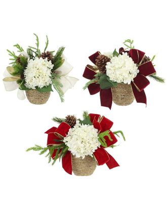 Creative Displays Inc. Set Of 3 Christmas Holiday Arrangements With Hydrangeas & Bows