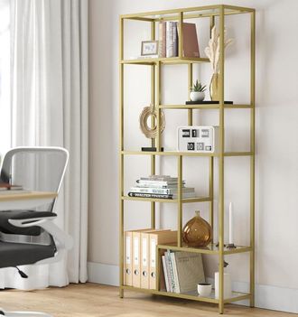 Vasagle 6-Tier Tall Bookcase Plant Stand Tempered Glass Display Shelf in Gold