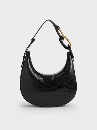 Charles & Keith Kora Croc-Effect Metallic-Accent Moon Bag