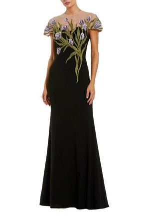 Mac Duggal Womens Jersey Floral Embroidered Illusion Neck Gown in Black Multi at Nordstrom, Size 10