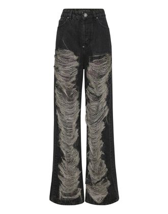Philipp Plein Mesh Strass Denim Trousers Skater Fit Ripped