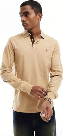 Polo Ralph Lauren Polo a maniche lunghe in cotone pima color cammello mélange con logo multicolore-Neutro