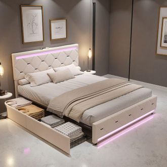 OEM Cama 140x200 Cm - 250402hxf - Terciopelo - Led Integrada Y Usb - 4 Cajones De Almacenamiento
