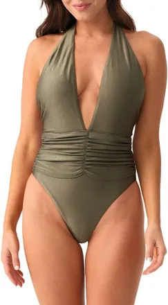 PQ Swim Isabel Plunge Halter One-Piece Swimsuit in Olive at Nordstrom, Size Medium