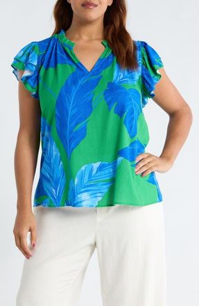 Sugarlips Risette Flutter Sleeve Split Neck Top in Green-Blue at Nordstrom, Size 2X