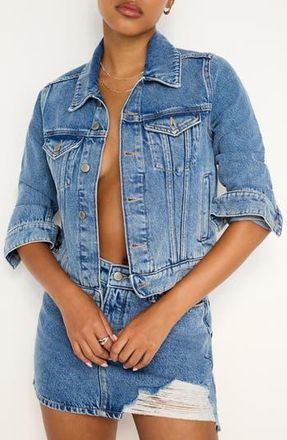Good American Shrunken Crop Denim Trucker Jacket in Indigo682 at Nordstrom Rack, Size X-Small