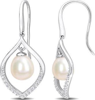 Amour 8-8.5mm Freshwater Cultured Pearl and 1/3 CT TGW White Sapphire Open Hook Earrings In Sterling Silver