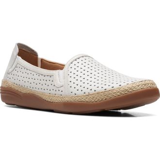 Clarks Elaina Ruby Laser Cut Espadrille Flat - Wide Width Available in White Leather at Nordstrom Rack, Size 9.5