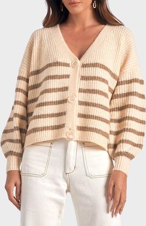 Elan Striped V-Neck Cardigan In Striped Tan