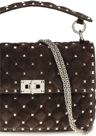 Valentino Garavani Womens Top Handle Bag Rockstud Spike Suede Ebony Brown Calf Leather Shoulder