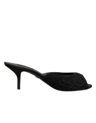 Dolce & Gabbana Black Embroidered Slip On Heels Slides Womens Shoes