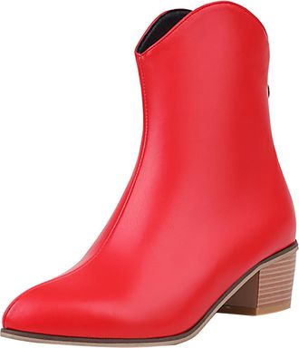 Generic 2023 Korean Style Womens Pointed Toe Ankle Boots Elevated Block Heel Western Leather Design Solid Colour Large Sizes (Red, 6.5)