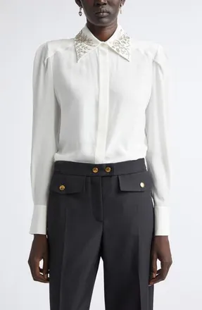 Alexander McQueen Beaded Collar Silk Button-Up Shirt in Light Ivory at Nordstrom, Size 40
