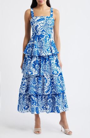 Eliza J Floral Tiered Maxi Dress in Blu Ivory at Nordstrom, Size 16