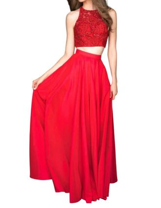 Sherri Hill Two-Piece Lace Appliqued Prom Dress In Red