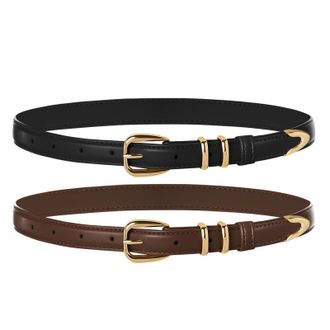 Belle Poque 2 Pack Women Skinny Leather Belts Fashion Ladies Thin Waist Belt with Gold Buckle for Jeans Pants Dresses, Black + Coffee, Medium