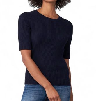 Repeat Short Sleeve Fine Rib Crew Sweater In Navy
