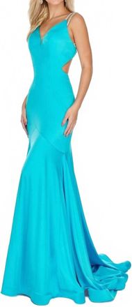 Rachel Allan Strappy Open Back Shimmer Jersey Gown With Cutouts In Turquoise
