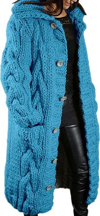 Generic Long Cardigans for Women UK Open Front Cable Knit Cardigan Hoodie Button Down Oversized Sweaters Coat Outwear Knee Length Solid Color Chunky Sweaters 