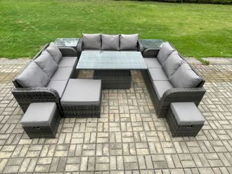 Fimous 12 Seater Garden Dining Sets Outdoor Rattan Furniture Lounge Sofa Height Adjustable Rising lifting Table in Dark Grey