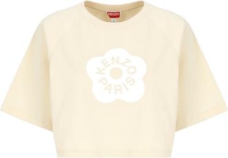 Kenzo T-Shirts, female, Beige, Size: XS Floral Logo Crew Neck T-shirt