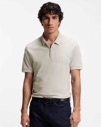 Boss Orange by Hugo Boss Mens Passerzip Zip Placket Polo Shirt in Light Grey Cotton - Size X-Large