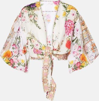Camilla Floral tie-front linen crop top