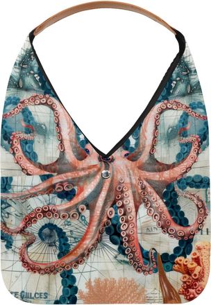 Generic Vintage Octopus and Map Reusable Lightweight Grocery Bags - Foldable Into Compact Pouch, Washable & Sturdy, Multipurpose for Shopping and Travel