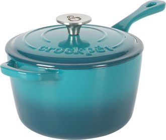 Crock-pot Artisan 3 Quart Enameled Cast Iron Saucepan with Lid in Teal and Silver