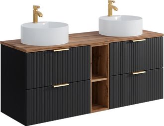 Vente-Unique Mueble de baño suspendido estriado con estantes y lavabo redondo sobre encimera - Negro y natural claro - L140 cm - ZEVARA