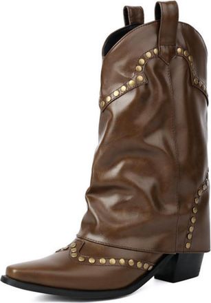 Generic Womens Retro Western Boots Mid Calf, Chunky Heel & Comfort Square Toe for Daily Casual,Dark Brown,6.5 UK