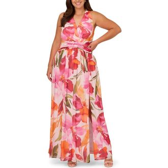 Adrianna Papell Floral Print Sleeveless Chiffon Gown in Pink/Orange Multi at Nordstrom, Size 20W