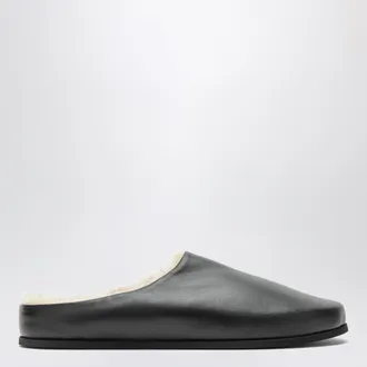 Dear Frances Black Slipper Shoes in leather with shearling lining