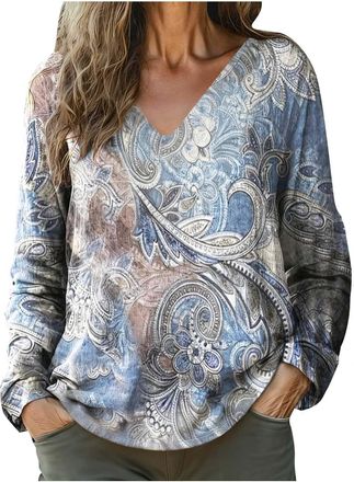 Generic Ladies Summer Tops Womens Long Sleeve Tops Casual Plus Size V Neck Shirts Fashion Vitange Floral Printed Boho Shirt Dressy Loose Spring Summer Loungew
