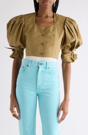 Chlo&eacute; Puff Sleeve Cotton Poplin Crop Top in Amber Olive at Nordstrom, Size 10 Us