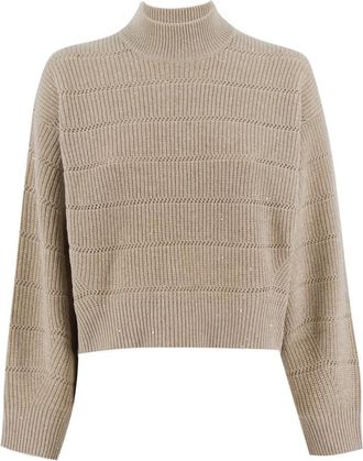 Brunello Cucinelli Sequin Turtleneck Sweater - Dames - Coltruien - Beige - L - Wol - Truien & Vesten