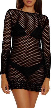 BECCA by Rebecca Virtue Treasure Island Long Sleeve Reversible Open Knit Cover-Up Tunic in Black at Nordstrom, Size Medium