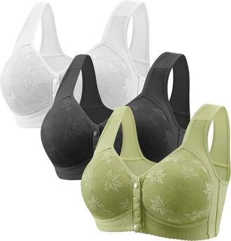 Generic 3 Pack Bras for Women Front Close Button Bras Wireless Push Up Wide Straps Breathable Bra No Underwire Sleepbras Front Fastening Bra Full Coverage Lac
