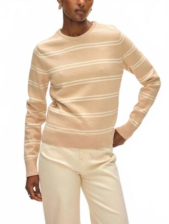 White + Warren Boucle Striped Crewneck Sweater In Warm Tan/ivory