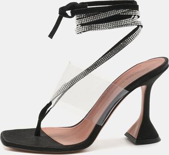 Amina Muaddi Black Satin Zula Crystals Ankle Wrap Sandals