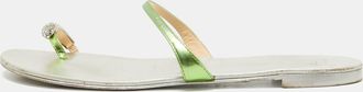 Giuseppe Zanotti Green Leather Crystal Embellished Toe Ring Flat Slides