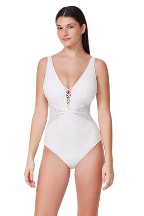 Gottex Skyfall Textured V-Neck D-Cup One Piece in White at Nordstrom, Size 16